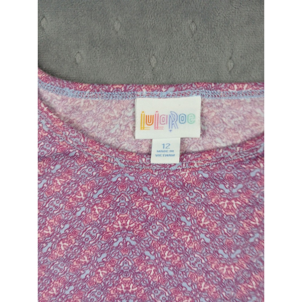LuLaRoe Irma Tunic Top Womens 12 Pink Purple Geometric High Low ShortSleeveShirt